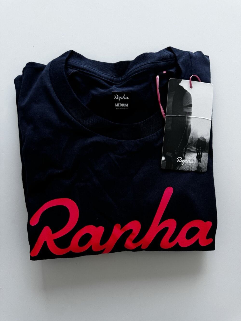 Rapha Script Logo T-Shirt Mens Navy And Pink Embroidered Premium Cycling Tee L